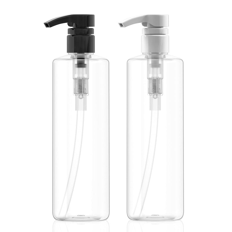 Bar5F Plastic Lotion Bottles with Black & White Pumps, 16 oz | Leak Proof, Empty Clear Cylinder, Refillable, BPA Free for Shampoo, Moisturizer, Face Cream, Liquid Hand Soap | Pack of 2