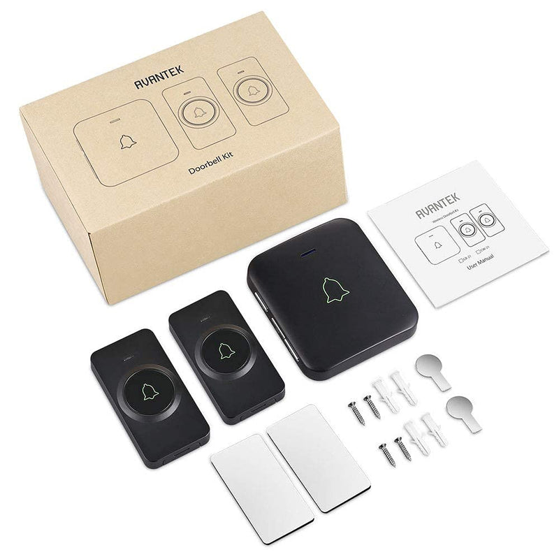 Wireless Door Bell, AVANTEK CB-21 Mini Waterproof Wireless Doorbell Operating at Over 1000 Feet, 2 Remote Buttons Can Have Different Tones, 52 Melodies, CD Quality Sound and LED Flash Black