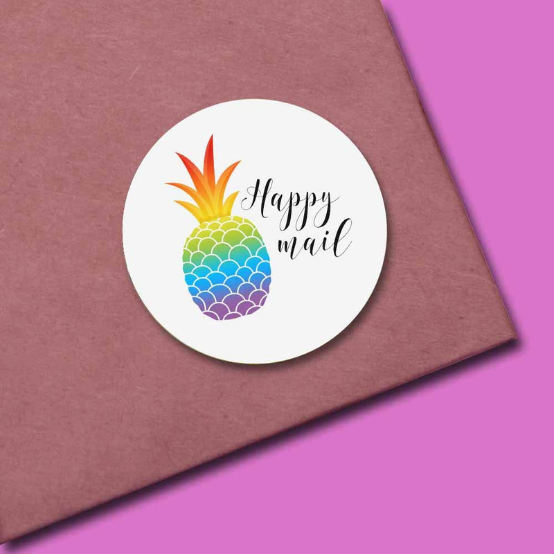 Rainbow Pineapple Happy Mail Thank You Customer Appreciation Sticker Labels for Small Businesses, 60 1.5" Circle Stickers by AmandaCreation, for Envelopes, Postcards, Direct Mail, More!