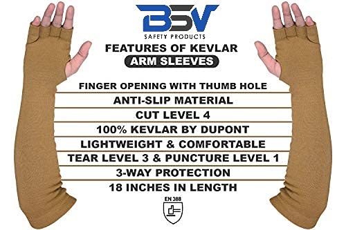 BSV Kevlar Protective Sleeves- Heat, Scratch, Cut & Knife Resistant Arm Sleeve with Finger Opening - Arms Safety Sleeves- Long Arm Guard Protector for Work- Bite Proof- 18 Inches, Desert Tan, 1 Pair