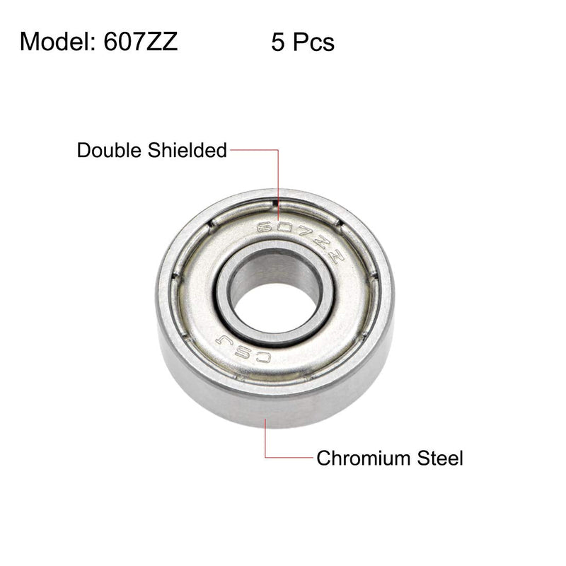 uxcell 607ZZ Deep Groove Ball Bearings 7mm x 19mm x 6mm Double Shielded Chrome Steel Z2 5pcs