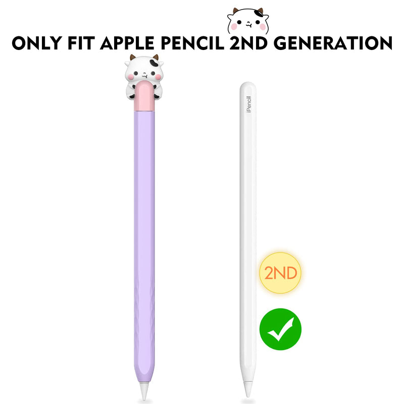 NIUTRENDZ Cute iPencil Case for Apple Pencil 2nd Generation Cover Silicone Sleeve Accessories Protective Skin Compatible with Magnetic Charging and Double Tap (Cow + Pink + Purple) Cow + Pink + Purple