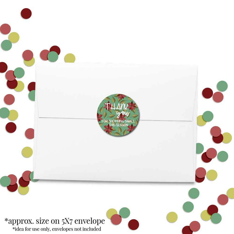 Holiday Poinsettia Thank You Customer Appreciation Sticker Labels for Small Businesses, 60 1.5" Circle Stickers by AmandaCreation, for Envelopes, Postcards, Direct Mail, More!