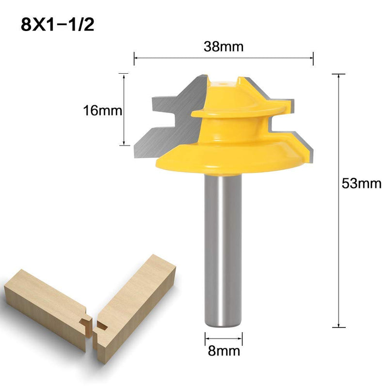 WSOOX 45 degree glue cutter miter milling cutter set, 3 pieces 8 mm shank glue cutter router bit, 45° lock miter router bit woodworking cutting tool for engraving machine trimming machine 3 pieces