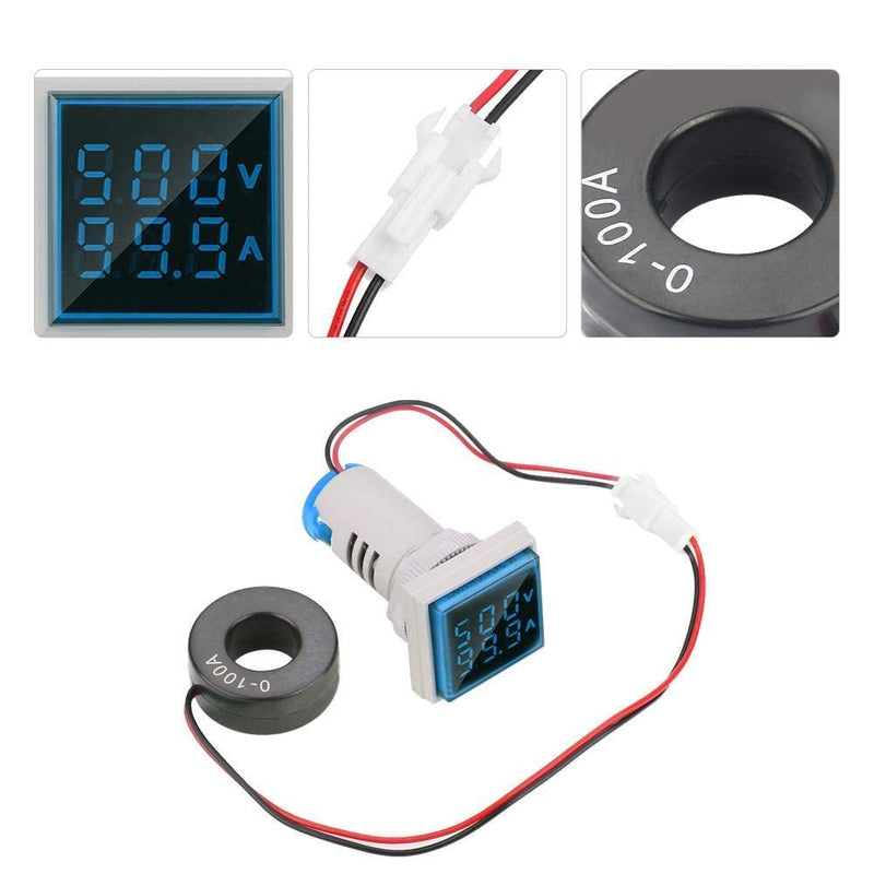 Hyuduo LED Display Voltmeter, Voltage Tester Current Detector Square 22mm Dual Display Panel Voltmeter Ammeter AC 0-100A 60-500V Meter Indicator (Blue) Blue