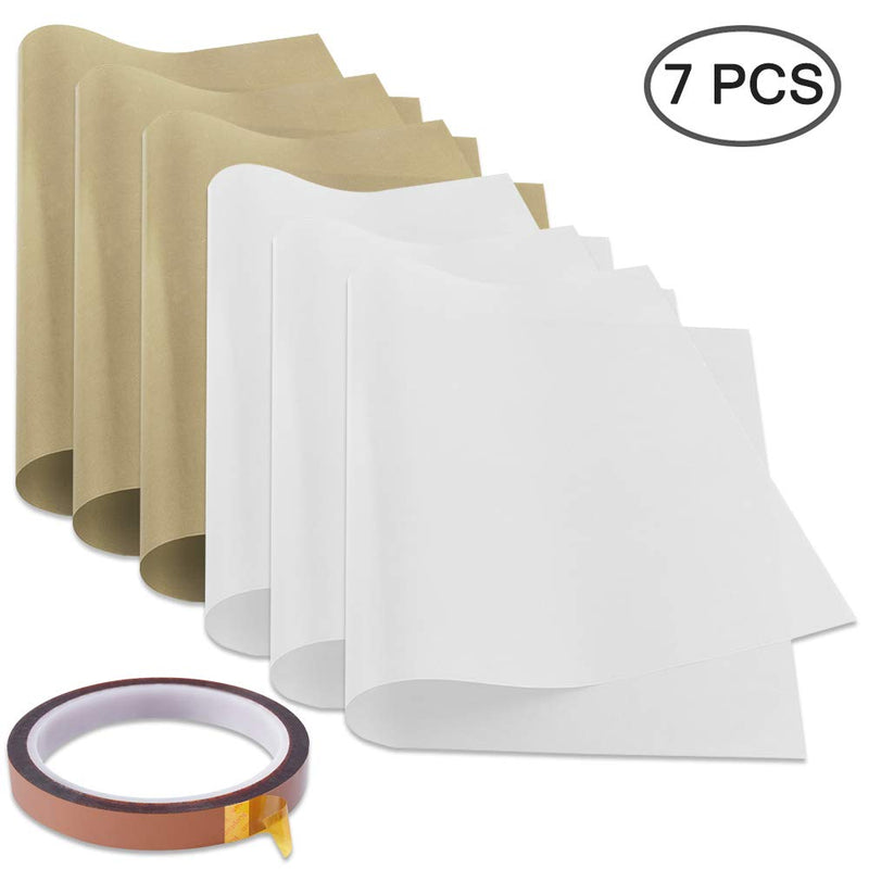 SENHAI 6 Pcs PTFE Teflon Sheet with 1 Heat Tape for Heat Press Transfer Paper Non Stick Heat Resistant Baking Sheet Craft Mat (11.8" x 15.7") -Brown, White