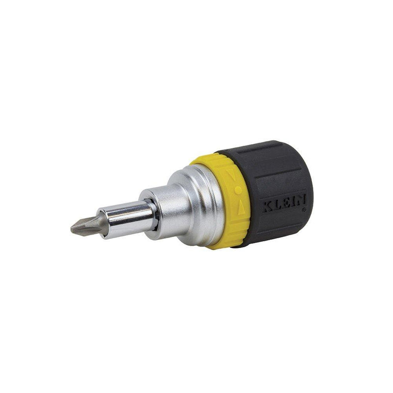 Klein Tools 32593 6-In-1 Stubby Ratcheting Screwdriver with 4 Screwdriver bits, 2 Nut Driver Bits, and a Cushioned Grip