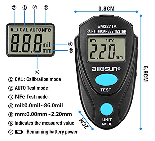 allsun EM2271A Digital Paint mil Meter Mini Coating Thickness Gauge Paint Tester Car LCD Data Hold Black 2.2mm/80mil New Version Update Base On EM2271