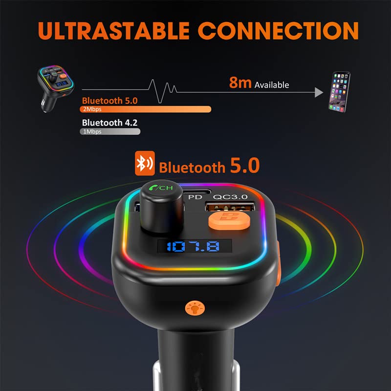 PD & QC3.0 FM Transmitter Bluetooth for Car, 5.0 Bluetooth Car Adapter with 9 Backlight/Bass Mode/3 USB Ports Car Bluetooth Adapter