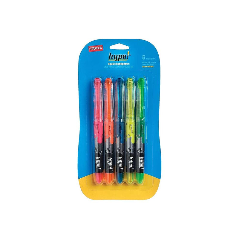 Staples Hype! Liquid Highlighters, Assorted, 5/Pack