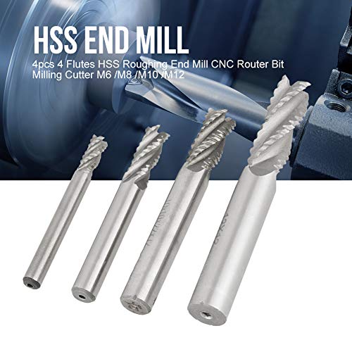 4pcs 4-Flute Milling Cutter HSS Roughing Cutter CNC Router Milling Cutter M6/M8/M10/M12 Twist Drill Bit for Slot Milling Hole Edge