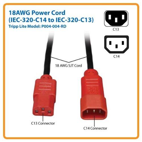 Tripp Lite Standard Computer Power Extension Cord 10A, 18AWG (IEC-320-C14 to IEC-320-C13 with Red Plugs) 4-ft.(P004-004-RD)