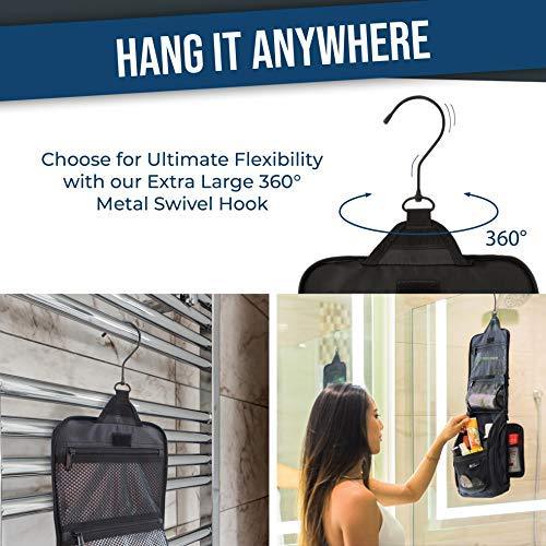 Hanging Travel Toiletry Bag for Men and Women – Large Cosmetics, Makeup and Toiletries Organizer Kit with 10 Compartments, YKK Zippers, XXL Metal Swivel Hook, Water-Resistant Nylon Black