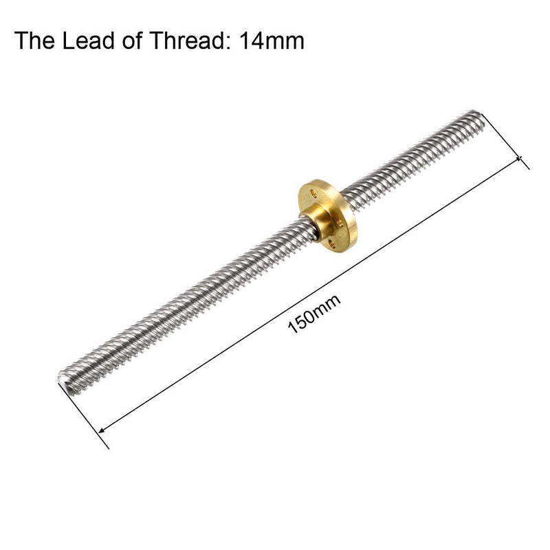 uxcell 150mm Length T8 8mm Dia Lead Screw Rod,14 Lead Stainless Steel Lead Screw Rod with Copper Nut Trapezoidal Thread for 3D Printer Z Axis2pcs