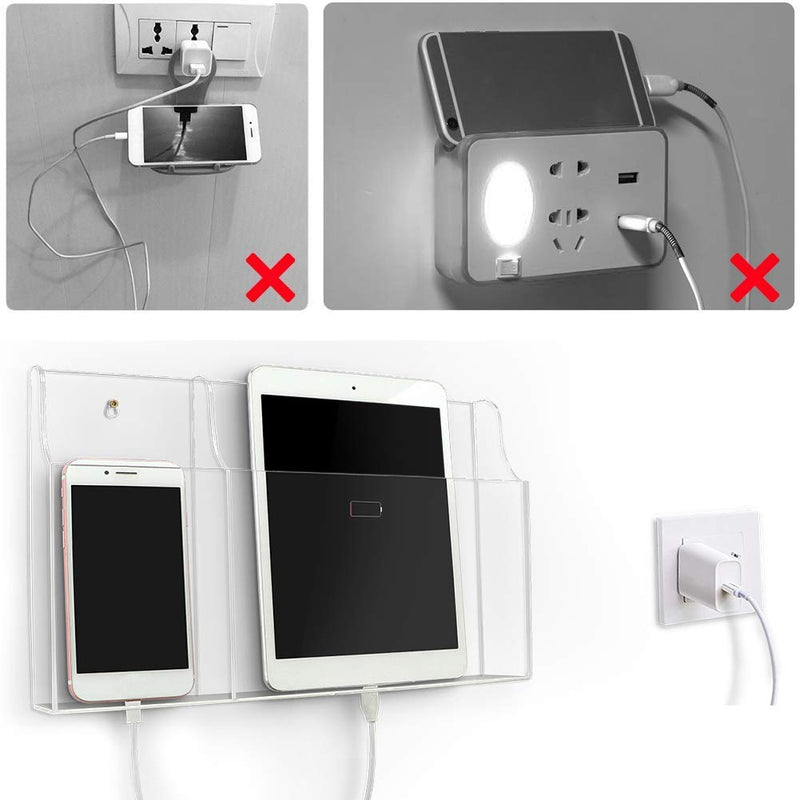 VANCORE Clear Wall Mounted Phone Holder Stand Remote Control Holder Media Organizer Caddy with Holes for Charging Phone Tablet Holder Station Large Enough New-2 Slots