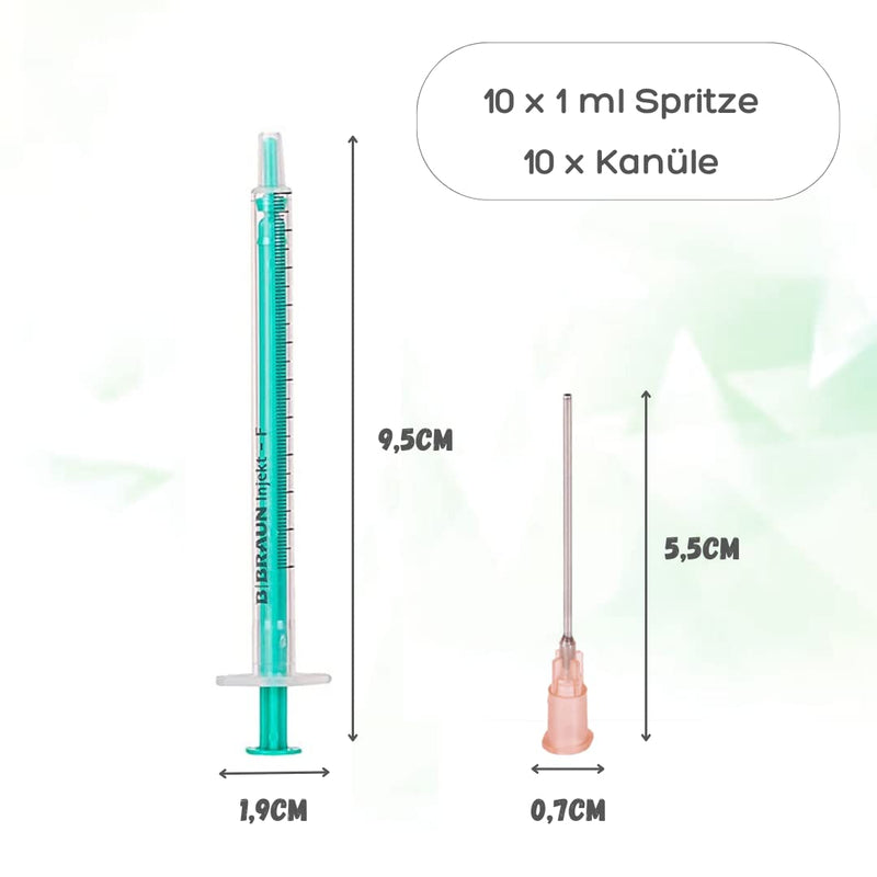 primeTEQ® 10 pieces x 1ml syringe & 10 x cannula, syringe set with blunt needle various sizes: 1ml, 2ml, 5ml, 10ml, 20ml for hobby and DIY syringes individually sterile packed 10 x 1ml syringe & 10 x cannula