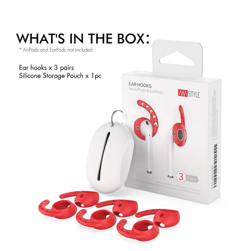 AhaStyle 3 Pairs AirPods Ear Hooks Cover Silicone Accessories Compatible with Apple AirPods and EarPods Headphones(Red) Red