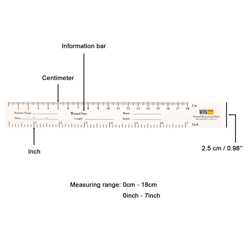 WIN TAPE 18cm / 7'' Educare Wound Ruler (PAPER) Wound Measuring Tape (Pack of 100) Medical Medimeter