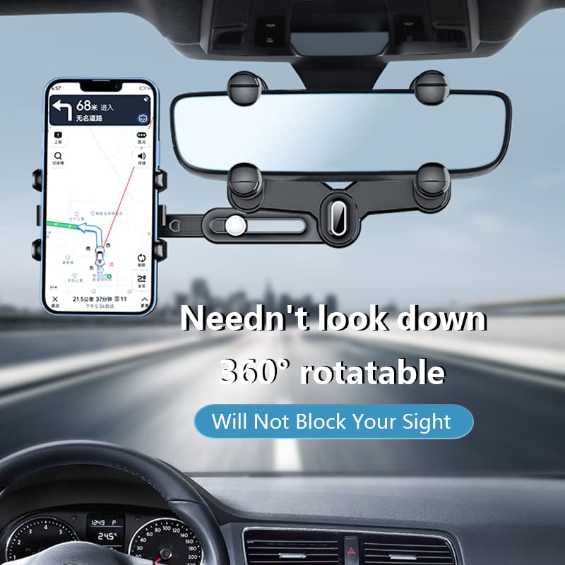 Rearview Mirror Phone Holder for Car,360°Rotatable and Retractable Car Phone Holder Multifunctional Rear View Mirror Phone Holder,Four Corners Fixed Anti-Shake Design,for All Mobile Phones and All Car
