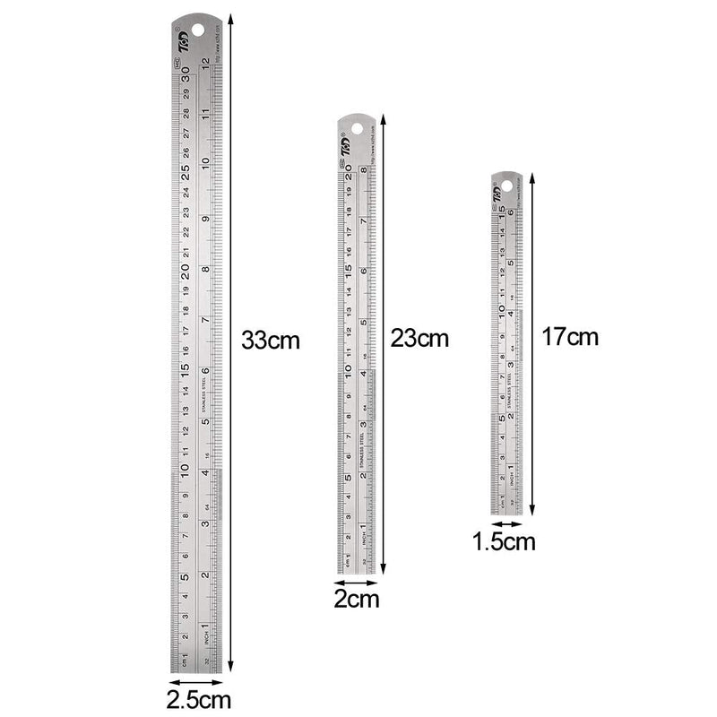 SUI-lim 3 pieces stainless steel ruler, precision double side scale edge steel ruler, metal ruler for engineering, teaching and office 15cm/20cm/30cm
