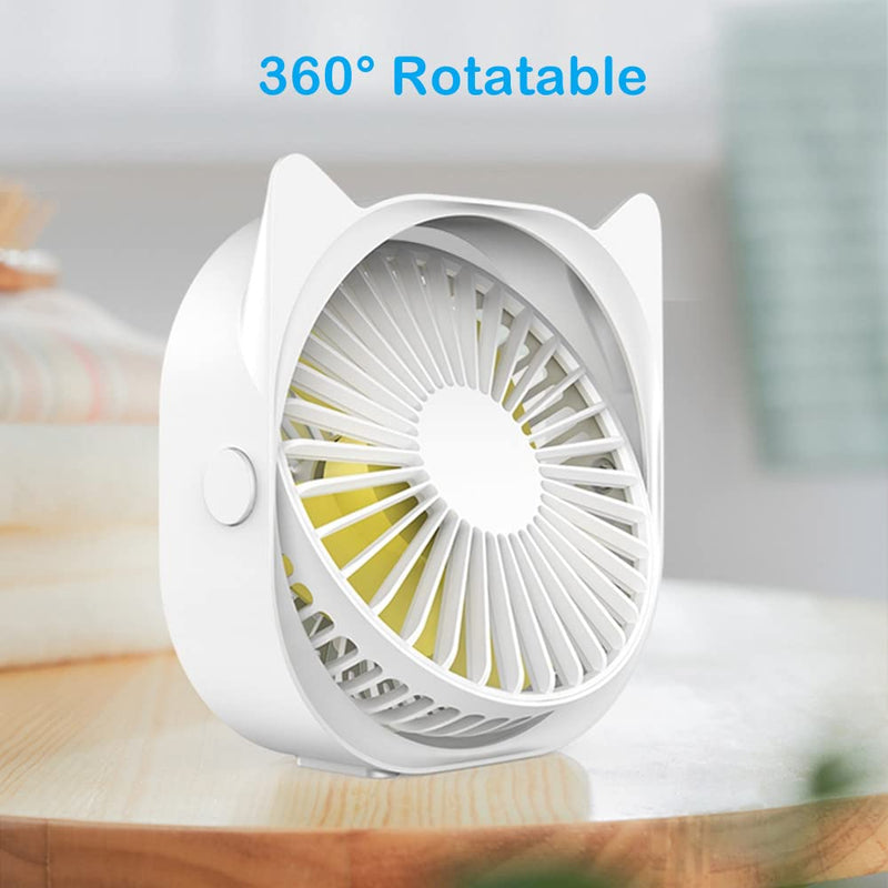 Small Personal USB Desk Fan, 3 Speeds Strong Wind Quiet Anti-slip Rotatable Table Fan for Bedroom Bedside Home Dorm Office Desktop, USB Powered Mini Cute Portable Travel Cooling Fans (White)