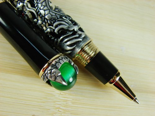 Jinhao Gray Dragon Playing Pearl Roller Ball Pen with Jewelry on Top with Pen Pouch for Journal Writing，Travel Diary