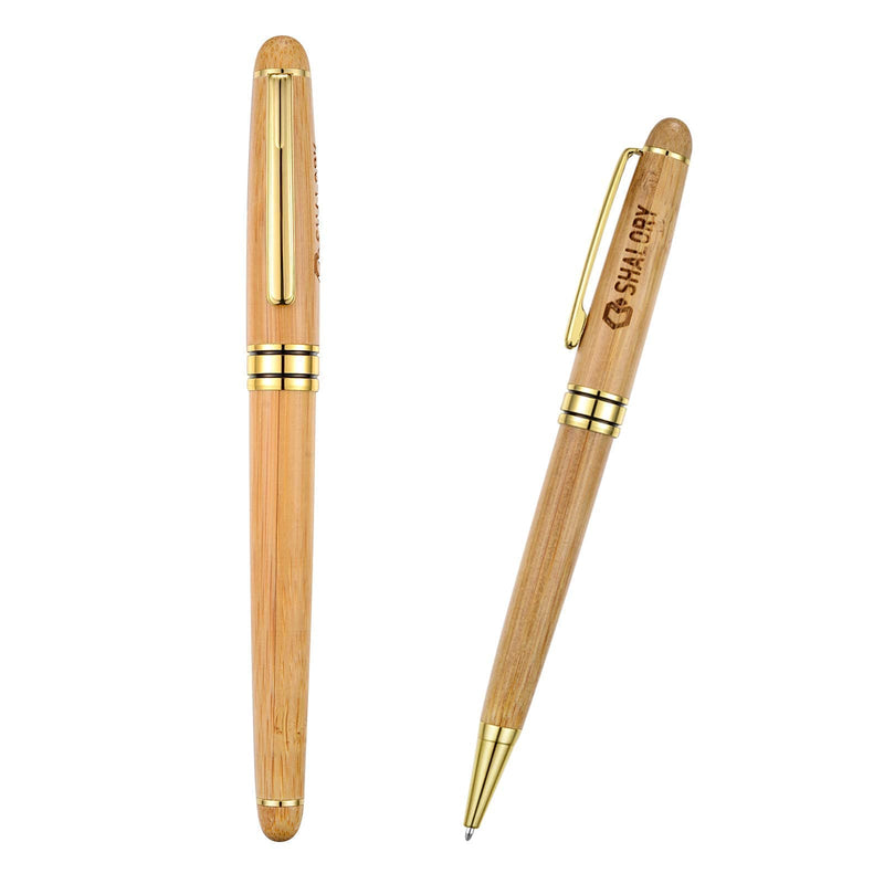 SHALORY Bamboo Wooden Pen Set - 1 Ballpoint Pen Medium Point & 1 Rollerball Pen Fine Point - Smooth Writing Flow Gift Pen with Extra 2 Refills, Black Ink Bamboo Wood Writing Pen Set 0.7/1.0mm