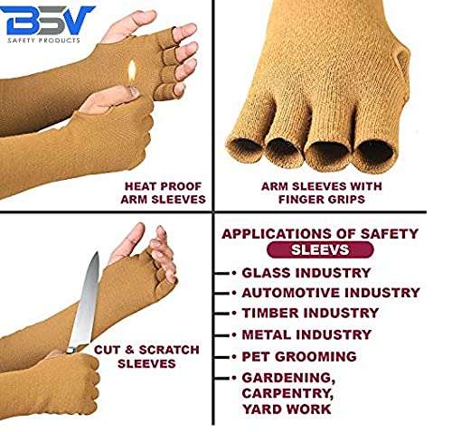 BSV Kevlar Protective Sleeves- Heat, Scratch, Cut & Knife Resistant Arm Sleeve with Finger Opening - Arms Safety Sleeves- Long Arm Guard Protector for Work- Bite Proof- 18 Inches, Desert Tan, 1 Pair