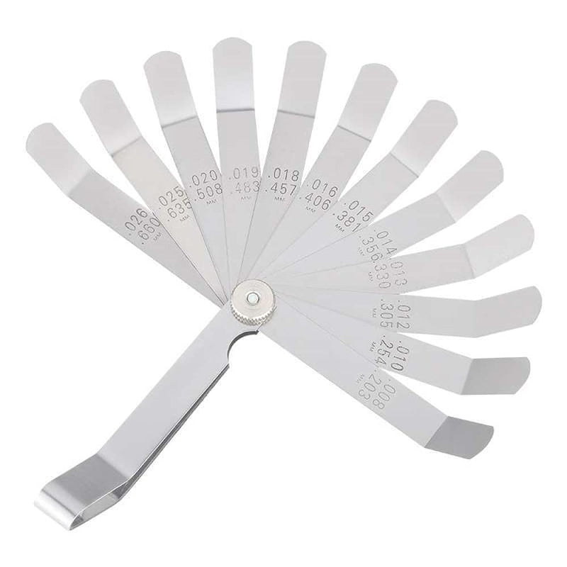 Mayata 2 Pieces Stainless Steel Removable Feeler Gauge Dual Marked Metric and Imperial Gap Measuring Tool (32 Blades Feeler Gauge, 16 Blades Feeler Gauge) Silver 32 Blades Feeler Gauge, 16 Blades Feeler Gauge