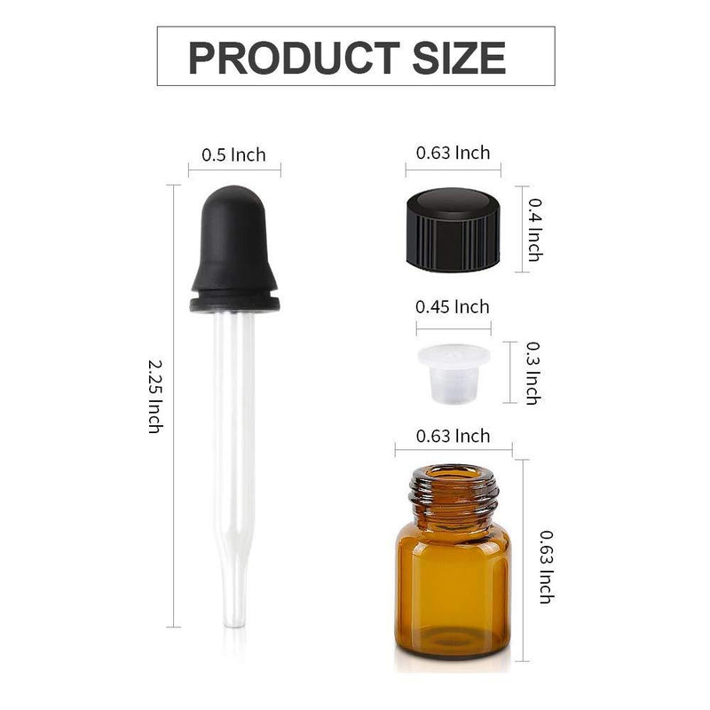 Oil Bottles for Essential Oils, Teenitor 36 Pcs 2 ml (5/8 Dram) Amber Glass Vials Bottles, with Orifice Reducers and Black Caps, with 2 Free Glass Transfer Eye Droppers [USA Seller] Shipping By FBA