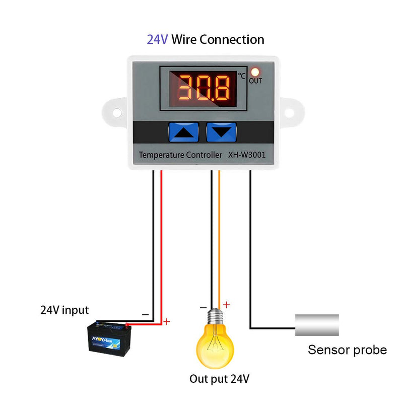 Digital LED Temperature Controller Module, XH-W3001 Mini Thermostat Switch with Waterproof Sensor Probe, Programmable -50 to 110 Degree Heating Cooling Thermostat(24V) 24v