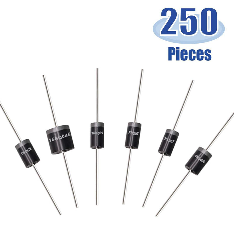 Tnisesm 250 Pcs 16 Values Rectifier/Schottky/Fast Recovery/Switch Diode Assortment Kit,1N4001 1N4004 1N4007 1N5404 1N5406 1N5408 RL207 10A10 1N5817 1N5819 1N5822 15SQ045 UF4007 FR107 FR207 1N4148