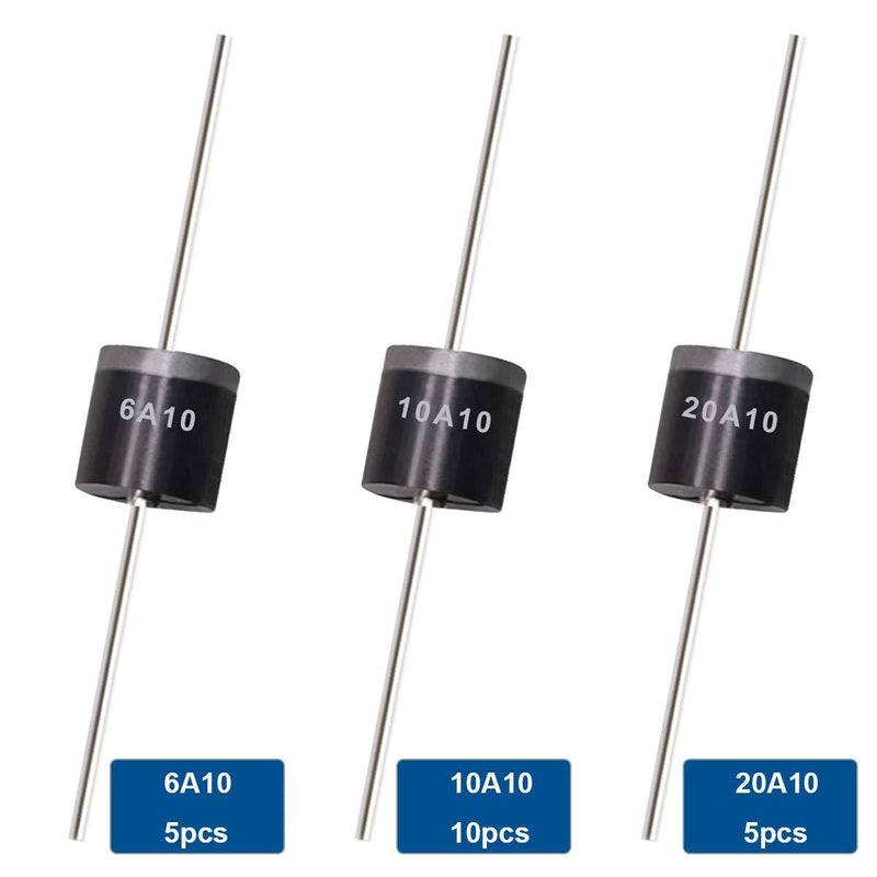 Tnisesm 20 Pcs 6A10, 10A10, 20A10 Rectifier Diode Kit 1000 Volt Electronic Silicon Diodes 6A10-10A10-20A10