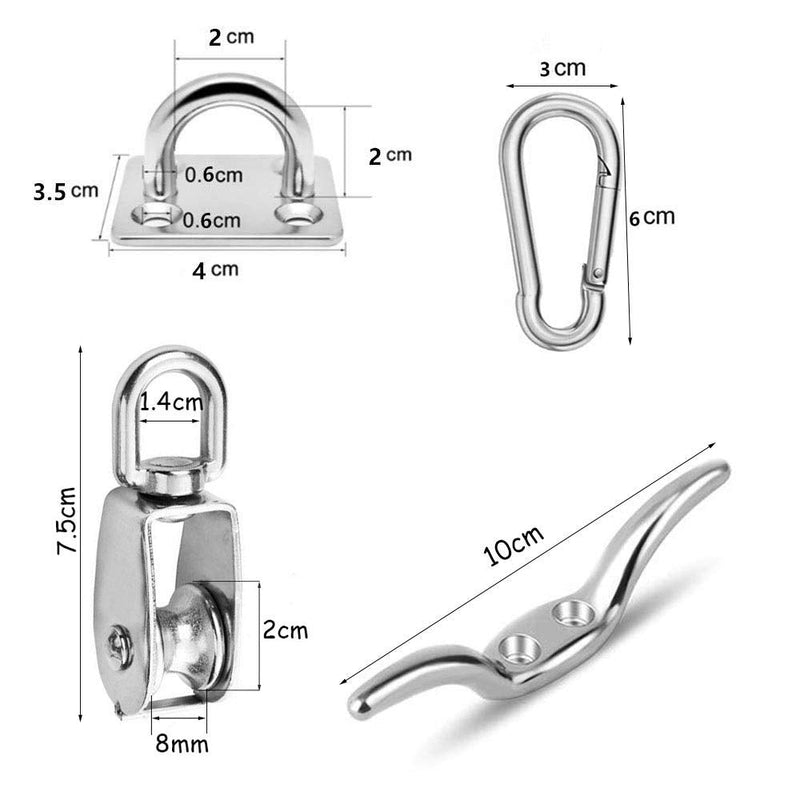 TooTaci Pulley System Set,Pulley Block with Rope and Hooks,Pulley and Rope Kit for Lifting,304 Stainless Steel M20 Single Pulley Wheels,with 20M/4mm Nylon Rope,Hooks,Eye Pad Plate,Cleat Hooks