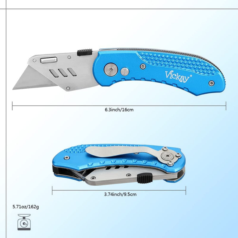 Folding Utility Knife Heavy Duty Box Cutter with 5 SK5 Quick Change Blades, Safety Axis Lock Design Razor Knife, Lightweight Aluminum Body Belt Clip for Office Blue