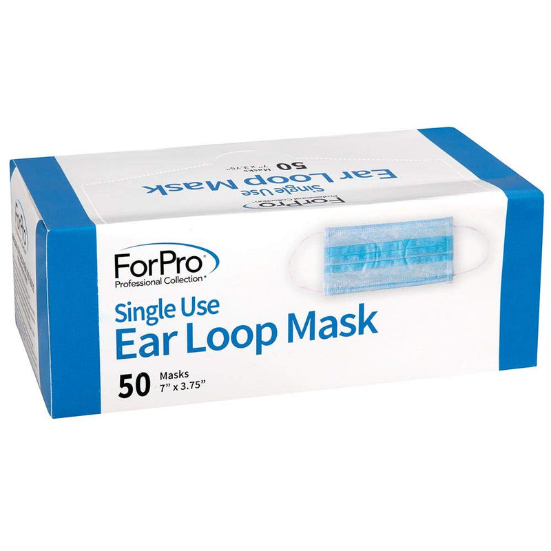 ForPro Single Use Ear Loop Mask, 3-Ply Disposable Face Mask with Elastic Ear Loop, Breathable, Non-Woven, Hypoallergenic, Blue, 50-Count