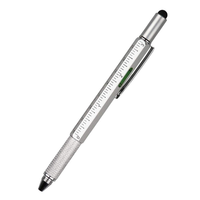 DunBong Metal Multi tool Pen 6-in-1 Stylus Pen - With Screwdriver, Phillips Screwdriver, Flathead Bit Slotted Screwdriver, Ballpoint Pen Black ink, Stylus pen, Bubble Level and Ruler (Silver) 银色