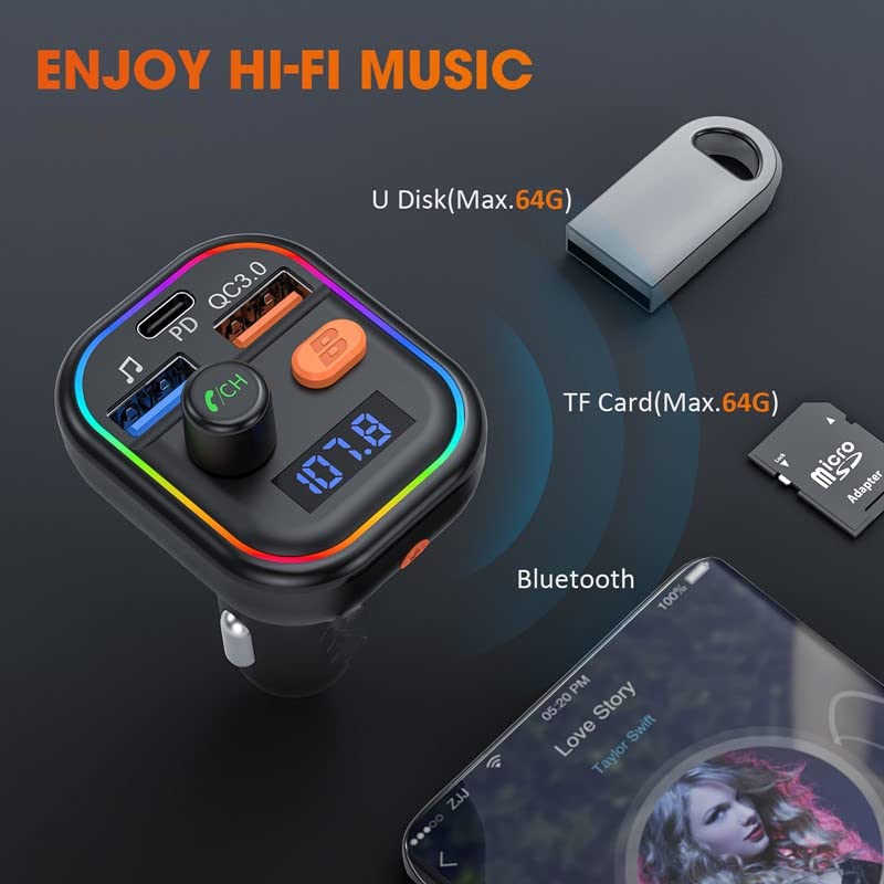 PD & QC3.0 FM Transmitter Bluetooth for Car, 5.0 Bluetooth Car Adapter with 9 Backlight/Bass Mode/3 USB Ports Car Bluetooth Adapter