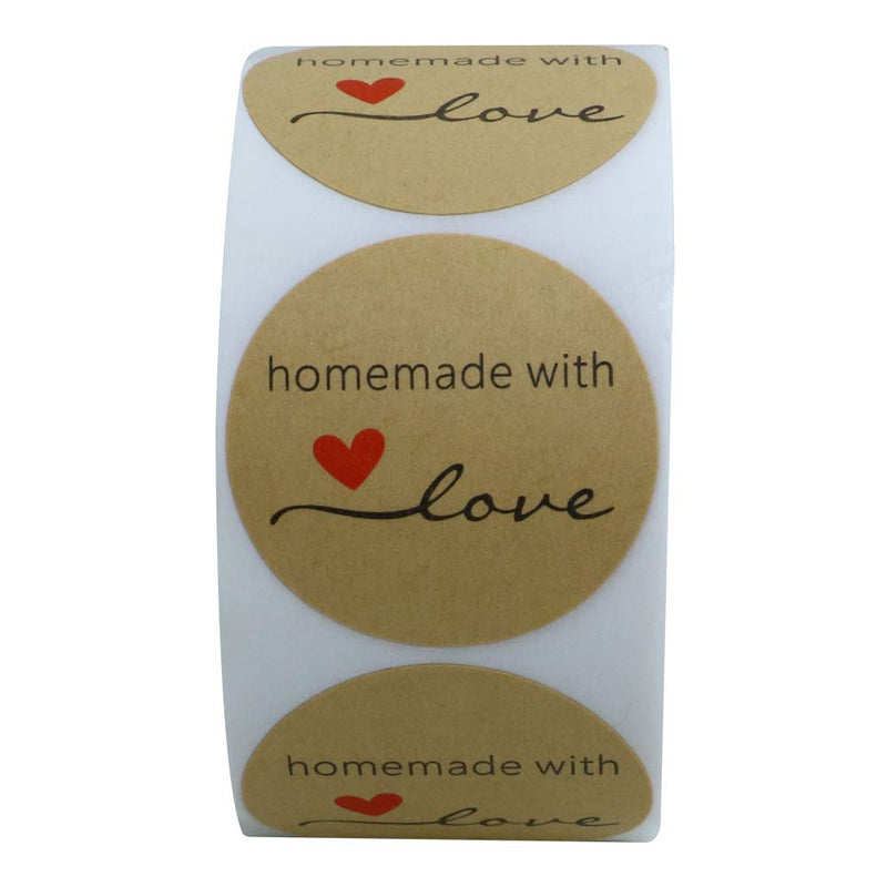 Hybsk Kraft Homemade with Love Stickers 1.5" Inch Round Total 500 Adhesive Labels Per Roll (Kraft)