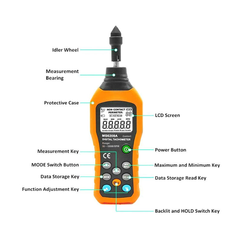 Digital Tachometer, PM6208A Contact Tachometer Gauge Motor LCD Backlight Display Accuracy Speed Meter Handheld Tester