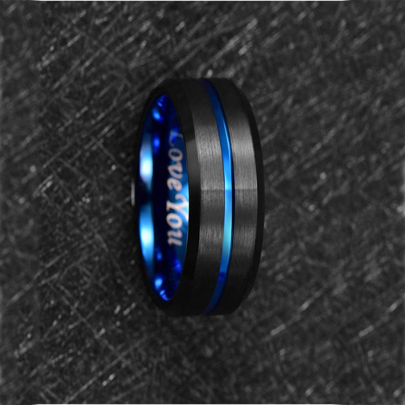 NUNCAD 4mm/6mm/8mm/10mm Tungsten Ring for Men Women Black/Blue/Gold/Rose Gold/Silver Groove Wedding Bands Beveled Edges Engraved I Love You Size 4 to 17 8mm-Black Blue I Love You 6