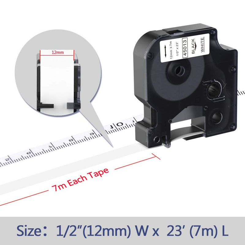 Camopro Replacement for Dymo D1 Label Tape 45013 S0720530 Black on White 1/2 Inch (12mm) x 23 Feet (7m) for DYMO LabelManager PnP 160 210D 260P 280 360D 420P 450D Label Maker , 5 Pack