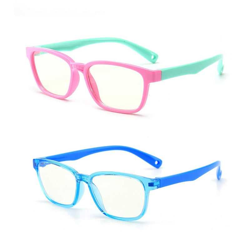 AHXLL Kids Blue Light Blocking Glasses 2 Pack, Anti Eyestrain & UV Protection, Computer Gaming TV Phone Glasses for Boys Girls Age 3-9 (Pink Green+ Transparent Blue) Pink Green+ Transparent Blue