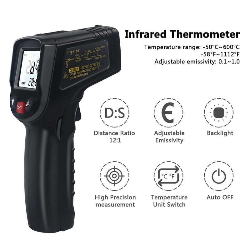 KETOTEK Infrared Thermometer Gun Non Contact Digital Laser Temperature Gun -58℉~1112℉ (-50°C~600°C) Adjustable Emissivity IR Gun for Cooking Food Barbecue Pizza Oven Freezer Fridge Black