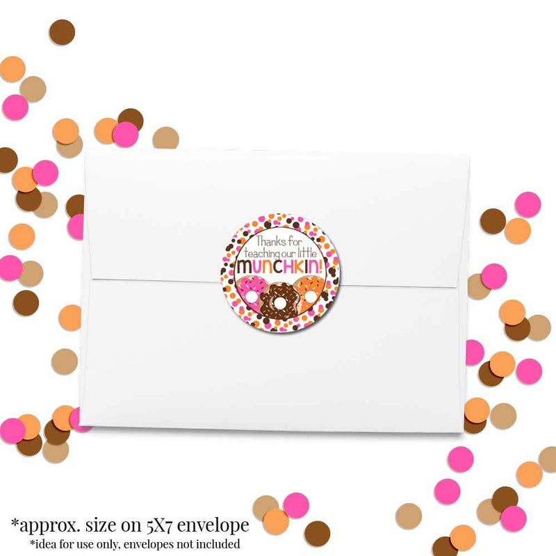 Our Little Munchkin Donut Themed Teacher Appreciation Thank You Sticker Labels, 40 2" Party Circle Stickers by AmandaCreation, Great for Envelope Seals & Gift Bags