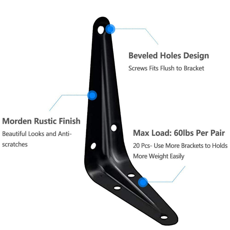 20 Pack Shelf Brackets 4 x 3 Inch, Heavy Duty Black Metal Floating Shelf Bracket, Rustic Farmhouse Decorative Iron L Bracket, J Brackets Wall Angel Corner Brace for Wood Shelves 4 x 3 inch- 20 Pack