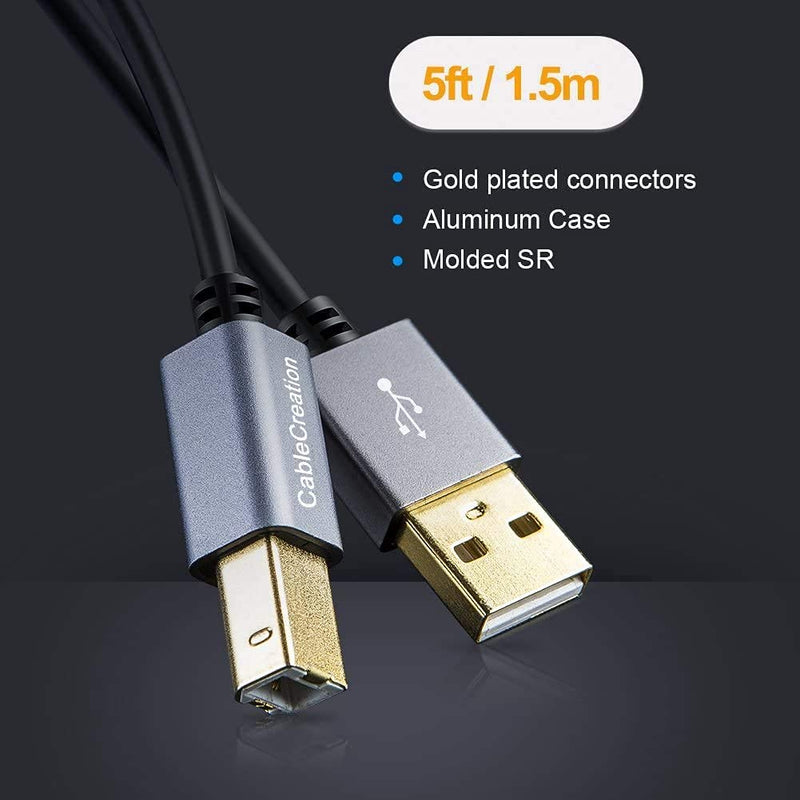 USB Printer Cable 5 FT, CableCreation USB 2.0 A Male to B Male Scanner Cord, USB MIDI Cable, Compatible with HP, Cannon, Brother, Epson, Midi Keyboard, Instrument, Piano, Dac, Aluminum Case, Black 5ft