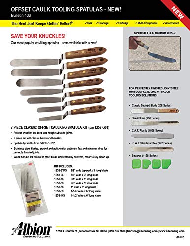 Albion Engineering Classic Offset Caulk Tooling Spatula, Stainless Steel Single 5/8" Wide Tapered Tip x 3" Long Blade