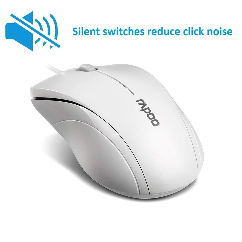 Rapoo N1600 3-Button Quiet Wired Mouse, 1000DPI Optical Mouse, Quiet Button, Ergonomic Shape, for Desktop Computers Laptops, Matte White