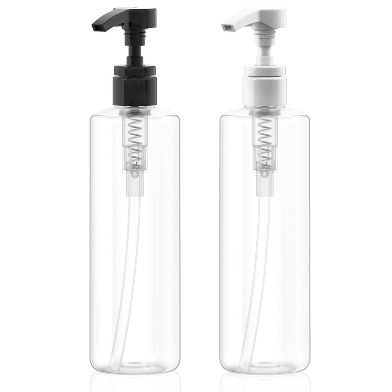 Bar5F Plastic Lotion Bottles with Black & White Pumps, 16 oz | Leak Proof, Empty Clear Cylinder, Refillable, BPA Free for Shampoo, Moisturizer, Face Cream, Liquid Hand Soap | Pack of 2